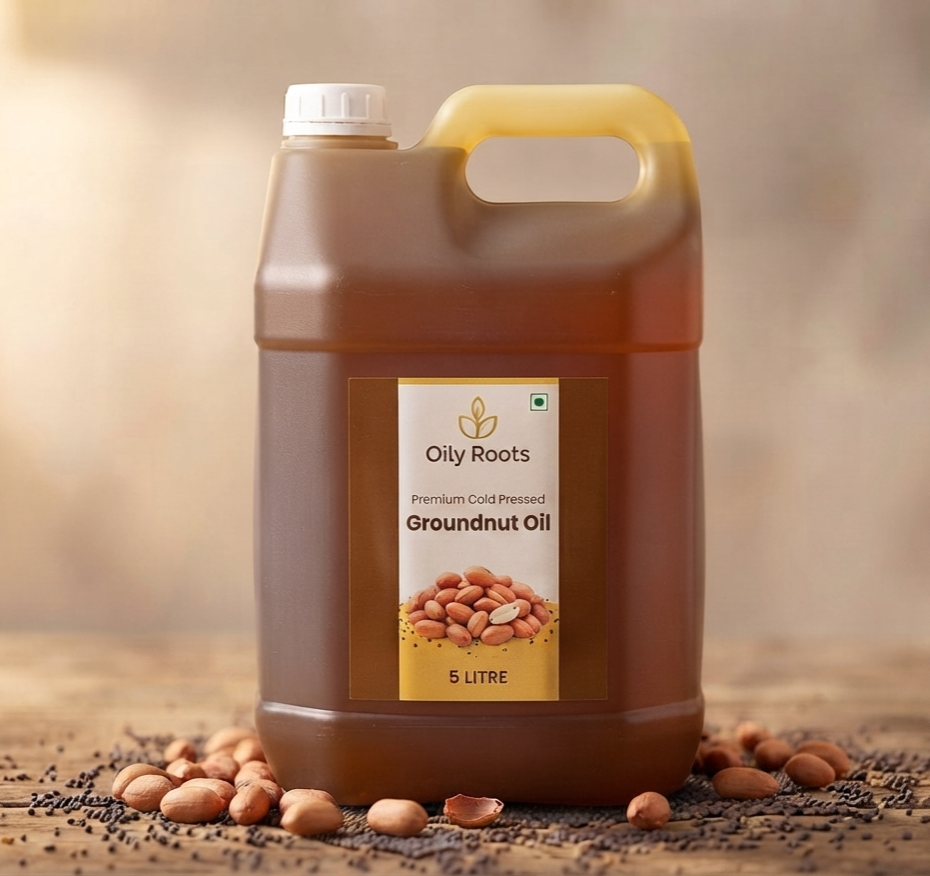 OilyRoots Premium Cold-Pressed Groundnut Oil 5 Litre — pure, unrefined, rich in Vitamin E, farm-direct