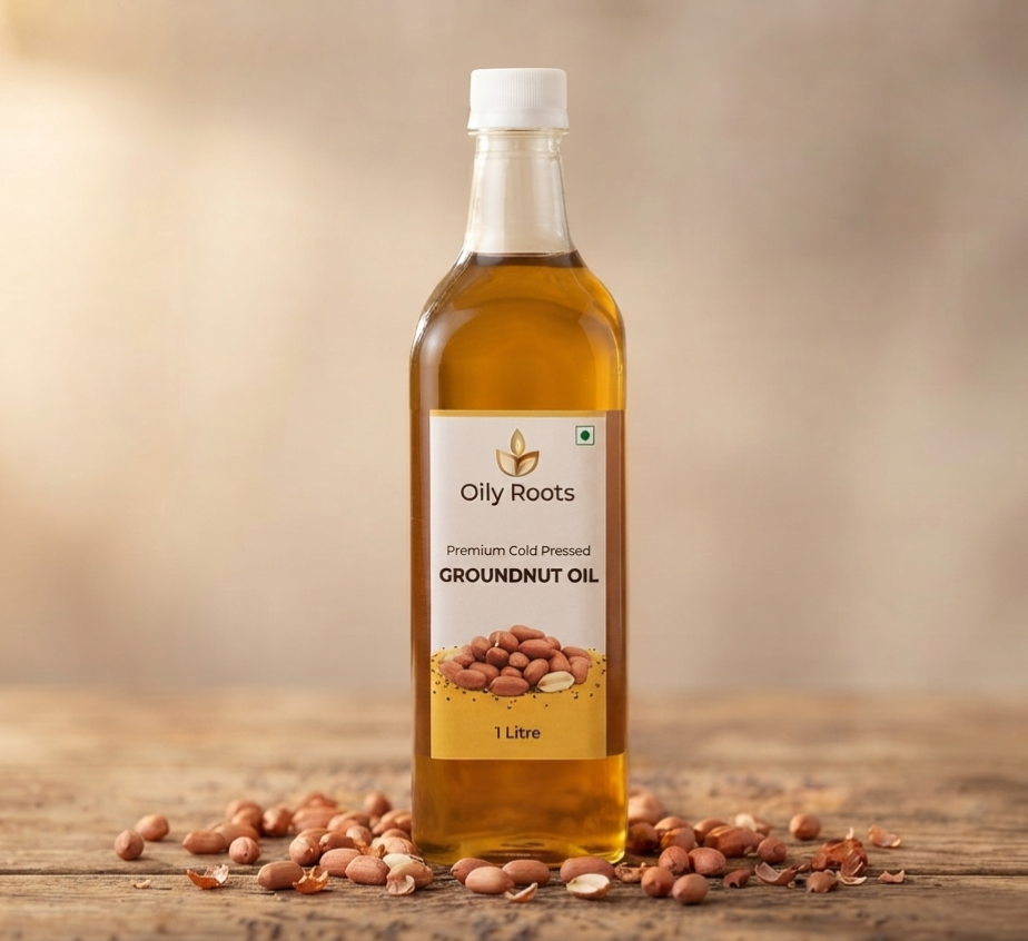 OilyRoots Premium Cold-Pressed Groundnut Oil 1 Litre — pure, unrefined, rich in Vitamin E, farm-direct