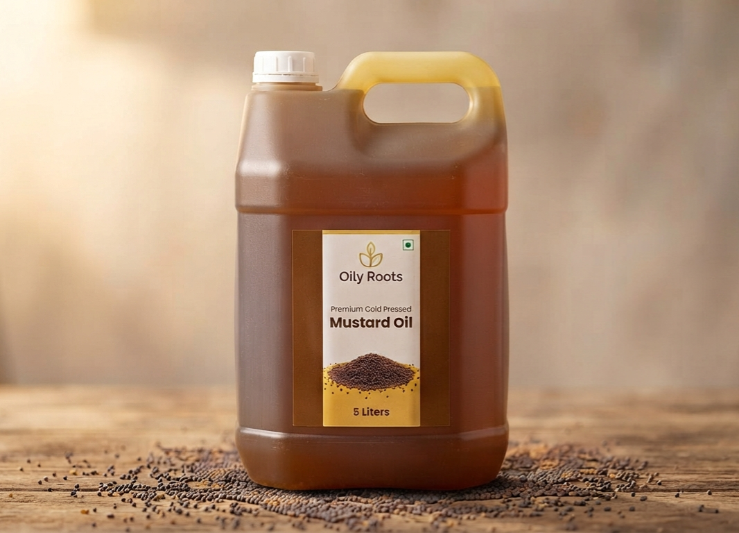 OilyRoots Premium Cold-Pressed Mustard Oil (Kachhi Ghani) 5 Litre — pure, unrefined, chemical-free, farm-direct