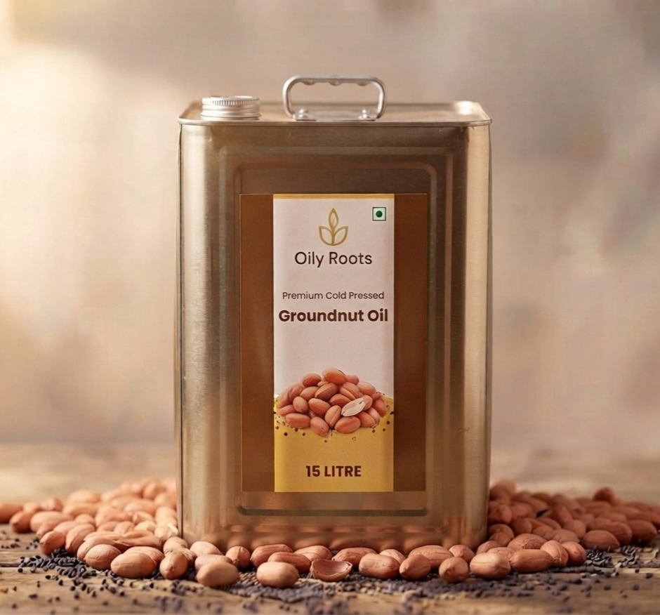 OilyRoots Premium Cold-Pressed Groundnut Oil 15 Litre — pure, unrefined, rich in Vitamin E, farm-direct