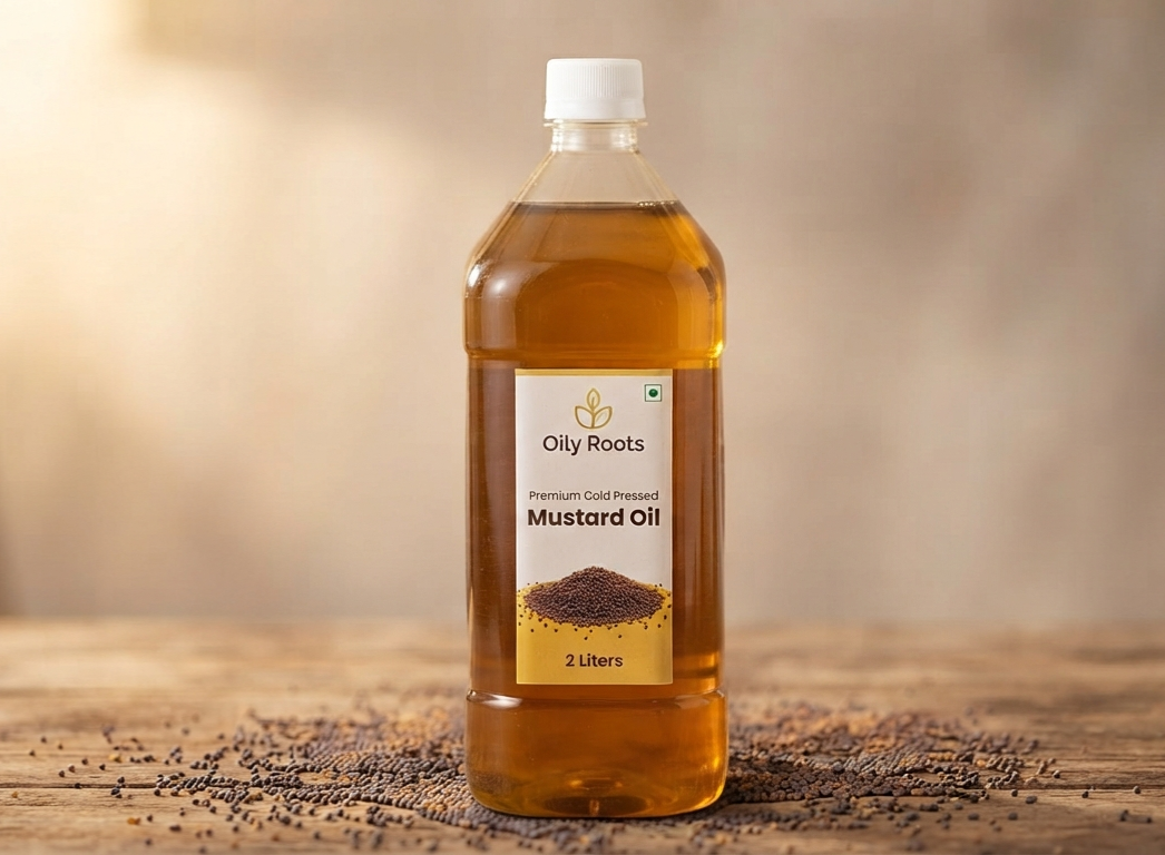 OilyRoots Premium Cold-Pressed Mustard Oil (Kachhi Ghani) 2 Litre — pure, unrefined, chemical-free, farm-direct