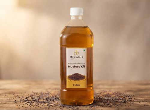 OilyRoots Premium Cold-Pressed Mustard Oil (Kachhi Ghani) 2 Litre — pure, unrefined, chemical-free, farm-direct
