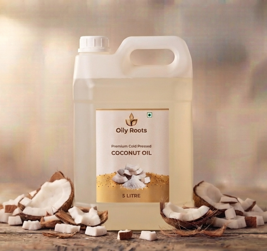 OilyRoots Premium Cold-Pressed Coconut Oil 5 Litre — pure, unrefined, rich in lauric acid, farm-direct